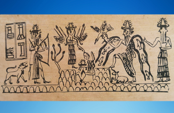 D'après le sceau d'Adda, la Grande Déesse, le dieu Flammes-Soleil, et le dieu des Flots Enki-Ea, 2300 avjc, Irak. (Marsailly/Blogostelle)