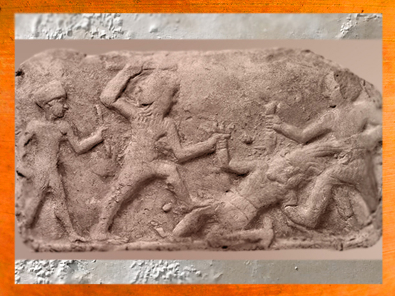 D'après Gilgamesh et Enkidu, qui tuent Humbaba, deuxième millénaire avjc, Mésopotamie. (Marsailly/Blogostelle.)