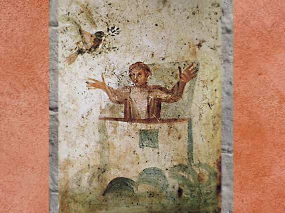 D'après Noé, l'Arche et la Colombe, IVe siècle, catacombe des saints Pierre et Marcellin, Rome, art paléochrétien. (Marsailly/Blogostelle)