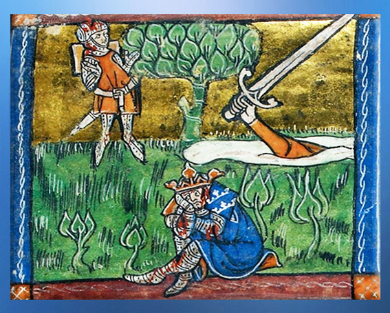 D'après Excalibur, à la mort d'Arthur, le chevalier Girflet ou Jaufré rend l'épée à la Dame du Lac, Roman du Saint Graal, 1316, art médiéval, XIVe siècle. (Marsailly/Blogostelle)