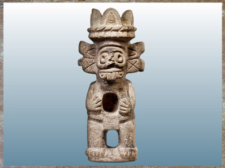 D'après Tlaloc, dieu du tonnerre, de la pluie et des semailles, statuette, roche sculptée, 1350-1521, civilisation aztèque, Mexico. (Marsailly/Blogostelle)