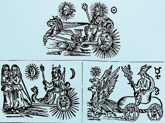 D'après Les Planètes et les Métaux dans l'Alchimie Ancienne, XVe siècle, Soleil, Lune, Mercure - or, argent, mercure. (Marsailly/Blogostelle)
