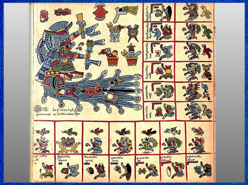 D’après la déesse de l’eau Chalchiuhtlicue, parèdre de Tlaloc, dieu du Tonnerre, codex Borbonicus, fin XVe-début XVIe siècle, civilisation aztèque.  (Marsailly/Blogostelle)