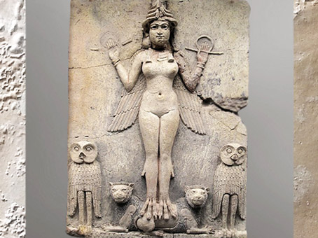 D’après une figuration de la déesse Ishtar, relief dit Reine de la nuit, 1800-1750 avjc, terre cuite, Irak, IIe millénaire avjc, Mésopotamie. (Marsailly/Blogostelle)