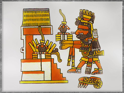 D'après Xiuhtecuhtli, dieu du feu, scène d'offrande, codex Borgia, manuscrit pictographique mixtèque, civilisation aztèque. (Marsailly/Blogostelle)