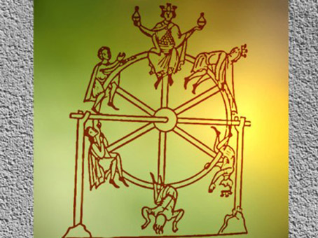 D'après l'iconographie médiévale de la Roue de la Fortune ou Roue de l'Existence, XIIe siècle, France. (Marsailly/Blogostelle)