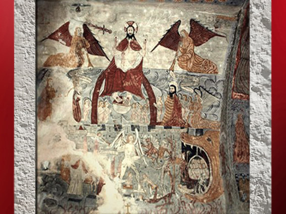 D'après une fresque du Jugement Dernier, église Sainte Anne, XIIe siècle, art roman, Cazeaux-de-Larboust, Midi-Pyrénées, France. (Marsailly/Blogostelle)