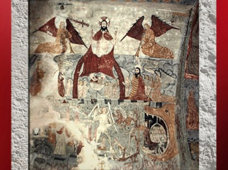 D'après une fresque du Jugement Dernier, église Sainte Anne, XIIe siècle, art roman, Cazeaux-de-Larboust, Midi-Pyrénées, France. (Marsailly/Blogostelle)