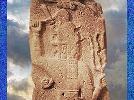 D’après le dieu Hittite de l’Orage et sa Hache, équivalent de Baal, vers 860 avjc, Syrie, Orient ancien. (Marsailly/Blogostelle)