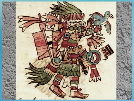 D’après Xipe Totec, dieu du printemps et du renouveau, Codex Borbonicus,  fin XVe-début XVIe siècle, civilisation aztèque. (Marsailly/Blogostelle)
