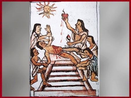 D'après une scène d'offrande au Soleil, cœur d'un sacrifié, codex de Florence, XVIe siècle, civilisation Aztèque. (Marsailly/Blogostelle)