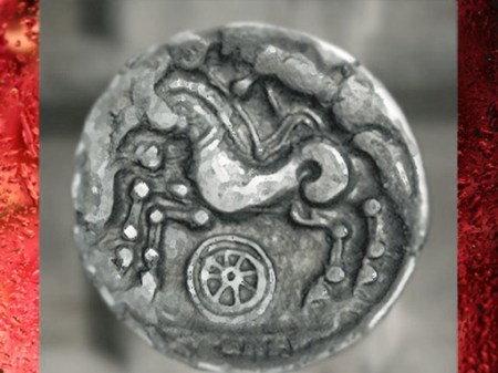 D'après le thème de la Roue, associée au cheval, sur un statère (monnaie), IIe siècle avjc, période de l'âge du Fer, art celte. (Marsailly/Blogostelle)