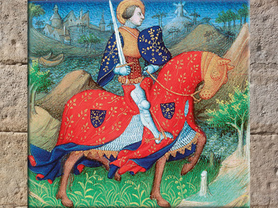 D'après Saint Victor armé de son épée, parchemin, Maître de la Mazarine, XVe siècle apjc. (Marsailly/Blogostelle)