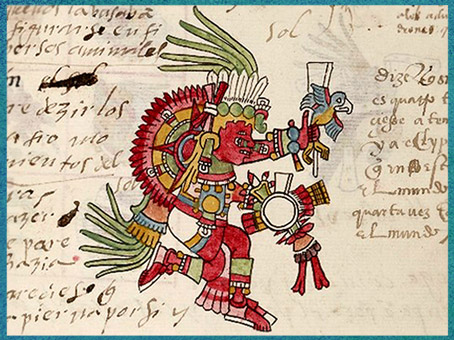 D’après le dieu Soleil Tonatiuh, codex Telleriano-Remensis, calendrier des fêtes fixes, Tonalamatl (livre divinatoire) et histoire du Mexique de 1198 à 1562, civilisation aztèque, XVIe siècle. (Marsailly/Blogostelle)
