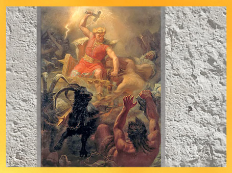 D'après le dieu nordique Thor et son foudre- marteau, La Bataille contre les géants, Mårten Eskil Winge, 1872 , huile sur toile, XIXe siècle, Stockholm. (Marsailly/Blogostelle)