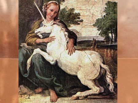 D'après une Licorne et une jeune vierge, Le Dominiquin (Domenico Zampieri), fresque, 1604-1605, palais Farnèse, Rome, début XVIIe siècle. (Marsailly/Blogostelle)