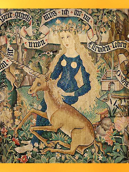 D'après une Jeune femme et licorne, 500–1510, panneau de coussin, art médiéval. (Marsailly/Blogostelle)