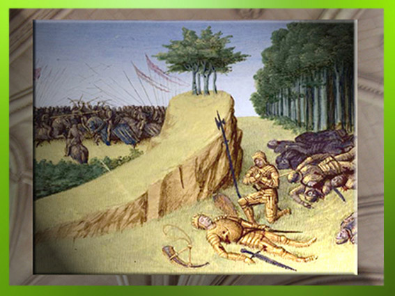 D'après la mort de Roland, son épée Durandal à son côté, enluminure de Jean Fouquet, Grandes Chroniques XVe siècle, France. (Marsailly/Blogostelle)