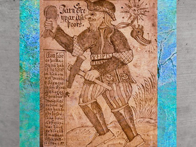 D'après le dieu Thor armé de son marteau Mjöllnir et de sa ceinture de force, manuscrit du XVIIIe siècle, Islande. (Marsailly/Blogostelle)
