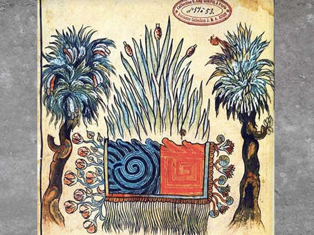 D'après les éléments Eau et  Feu, “Eau brûlée”, Historia Tolteca Chichimeca, codex en nahuatl, 1547-1560, Annales de Cuauhtinchan, XVIe  siècle, Mexico. (Marsailly/Blogostelle)