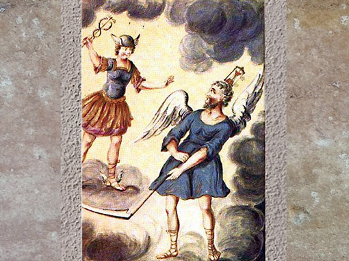 D'après le Mercure et le Saturne alchimiques, la matière et le temps, extrait de L'Alchimie de Flamel, du Chevalier Denys Molinier, XVIIIe siècle, France. (Marsailly/Blogostelle)