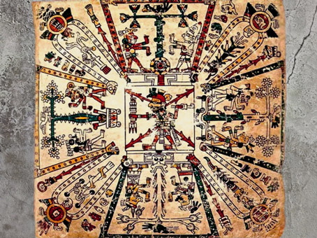 D’après Xiuhtecuhtli, dieu Feu, au centre, cosmologie aztèque, divinités et arbres cosmiques, Codex Fejervary-Mayer, XVe siècle, Mexique. (Marsailly/Blogostelle)