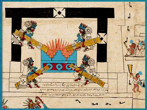D’après la fête du Feu Nouveau, codex Borbonicus, calendrier des rituels et cycles temporels, détail, fin XVe-début XVIe siècle, civilisation aztèque. (Marsailly/Blogostelle)