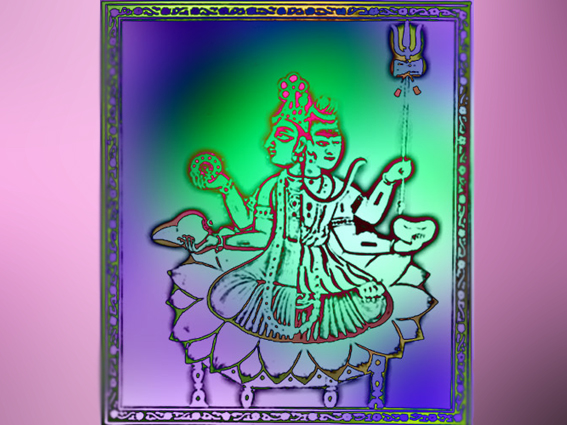 D'après une image de Hari-Hara : Vishnu arborant sa conque et son chakra, uni à Shiva brandissant son trident, Inde ancienne. (Marsailly/Blogostelle)