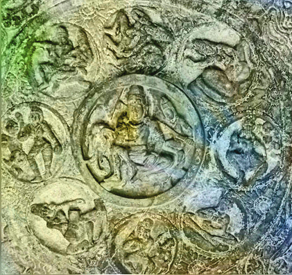 D'après Indra et les dikpâla, les huit gardiens de l'Espace, bas-reliefs, période Çâlukya, VIe-VIIIe siècle apjc, Bâdâmi, Dekkan, Inde ancienne. (Marsailly/Blogostelle)