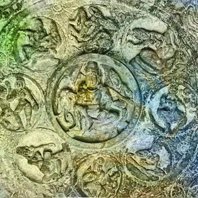 D'après Indra et les dikpâla, les huit gardiens de l'Espace, bas-reliefs, période Çâlukya, VIe-VIIIe siècle apjc, Bâdâmi, Dekkan, Inde ancienne. (Marsailly/Blogostelle)