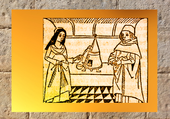 D'après l'image d'un couple au fourneau (expo BNF 100 Trésors), tel celui de Nicolas Flamel et de Pernelle. (Marsailly/Blogostelle)