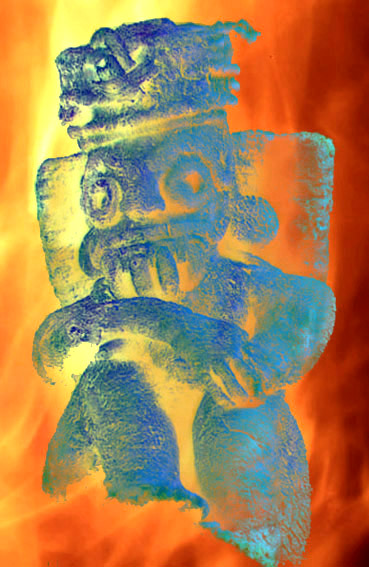 D'après une sculpture de Tlaloc, dieu aztèque du tonnerre, de la foudre et de la pluie, Mésoamérique. (Marsailly/Blogostelle)