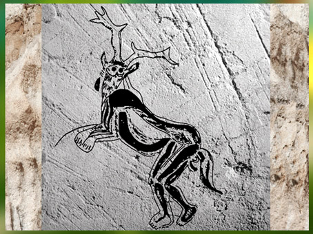 D'après un homme-cerf, grotte des Trois-Frères, croquis de l'abbé Breuil, Magdalénien, Ariège, France, paléolithique. (Marsailly/Blogostelle)