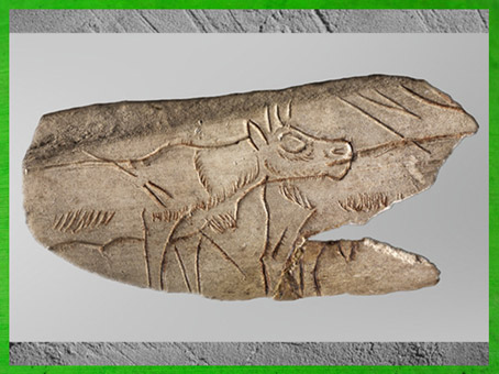 D'après un bovidé, os gravé, La Madeleine, 18 000 -10 000 avjc, magdalénien, France, paléolithique supérieur. (Marsailly/Blogostelle)