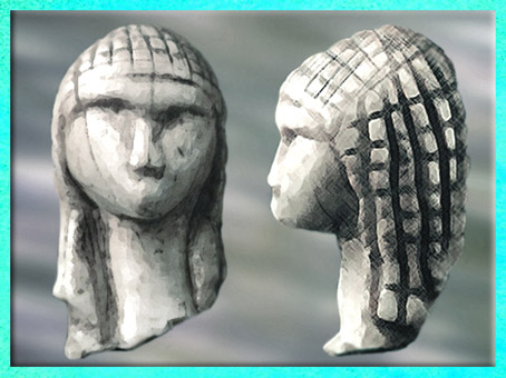 D’après la Dame de Brassempouy, dite à la Capuche, coiffure en résille, ivoire de mammouth, vers 22 000 avjc, Landes, France, paléolithique supérieur. (Marsailly/Blogostelle)