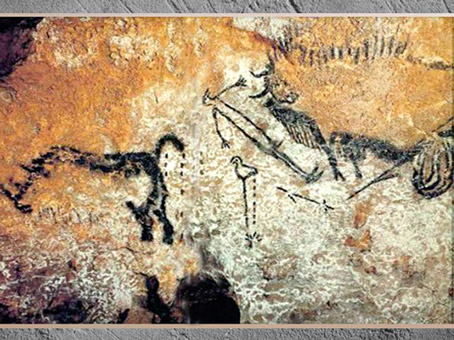 D'après l'homme et le bison blessé, scène du Puits, grotte de Lascaux, vers 18 000 avjc, magdalénien, Dordogne, France, paléolithique supérieur. (Marsailly/Blogostelle)