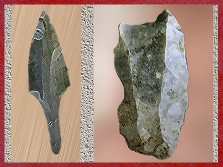 D'après une pointe en silex, à emmanchement, vers 26 000 ans avjc, Gravettien, et un burin, paléolithique. (Marsailly/Blogostelle)