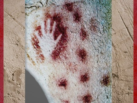 D'après une main traitée en négatif, Pech-Merle, Lot, gravettien vers 25 000 ans avjc, France, paléolithique. (Marsailly/Blogostelle)