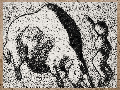 D'après un homme poursuivi par un bison, Roc-de-Sers, Charentes, Solutréen, France, paléolithique. (Marsailly/Blogostelle)