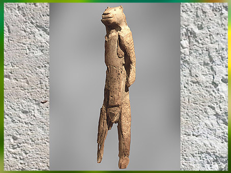 D'après une statuette anthropomorphe à tête de lion, ivoire, grotte de Stadel, aurignacien, Allemagne, paléolithique supérieur. (Marsailly/Blogostelle)