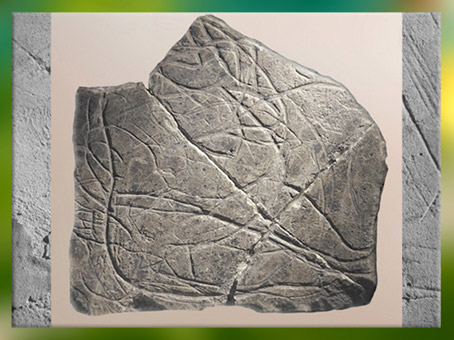 D'après une femme enceinte, plaquette gravée, calcaire, grotte de La Marche, Charentes, France, paléolithique. (Marsailly/Blogostelle)