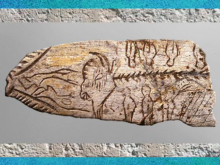 D'après une pendeloque bison, humains et signes, os, vers 18 000 -10 000 ans avjc, Dordogne, magdalénien, paléolithique. (Marsailly/Blogostelle)