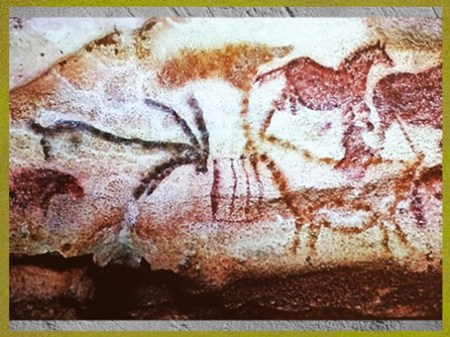 D'après des bouquetins affrontés, peintures rupestres, grotte de Lascaux, Dordogne, vers 18 000 ans avjc, magdalénien, France, paléolithique supérieur. (Marsailly/Blogostelle)