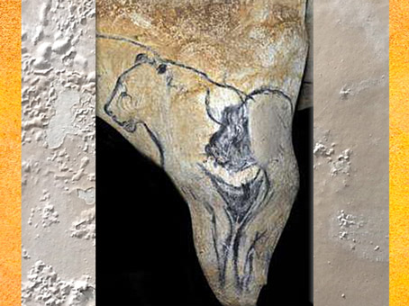D'après une évocation féminine, bison et lion, grotte Chauvet, vers 36 000 ans avjc, aurignacien, Ardèche, France, paléolithique. (Marsailly/Blogostelle)
