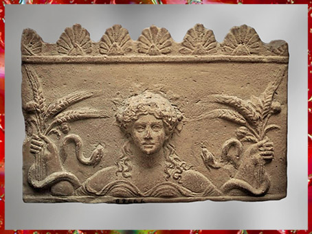 D'après Déméter-Cérès, déesse gréco-romaine de l'agriculture et du blé, relief, terre cuite, IIe siècle, Thermes de Dioclétien, Rome, art antique. (Marsailly/Blogostelle)