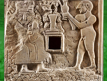 D'après une scène de libation à la Déesse aux épis, relief votif, vers 2500 avjc, Girsu-Tello, Irak, Mésopotamie, IIIe millénaire avjc, art sumérien. (Marsailly/Blogostelle)