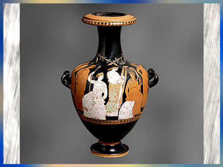 D’après une scène des Mystères d'Éleusis, Déméter, Perséphone, Dionysos et Ménades, hydrie (vase à eau), céramique à figures rouges, 375-350 avjc, Athènes, IVe siècle avjc, art Grec. (Marsailly/Blogostelle)