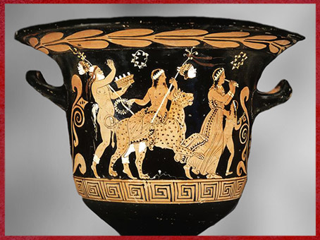 D’après Dionysos chevauchant une panthère et cortège, cratère, vers 370 avjc, céramique à figures rouges, période classique, IVe siècle avjc, Grèce antique.  (Marsailly/Blogostelle)