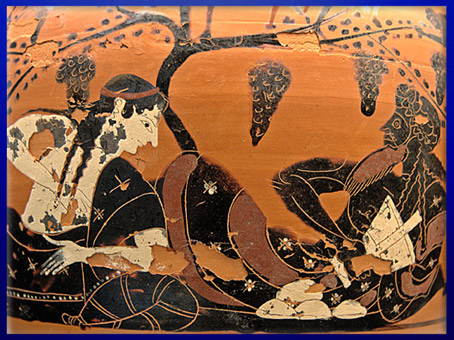 D’après Dionysos et Ariane, céramique attique à figures noires, décor d’une amphore, vers 520 avjc, style du Mastos, VIe siècle avjc, période archaïque, Grèce antique. (Marsailly/Blogostelle)