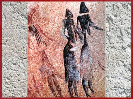 D'après des femmes vêtues de jupes en peau, peintures rupestres, vers 8 000 avjc, Lérida Espagne, du mésolithique au néolithique. (Marsailly/Blogostelle)